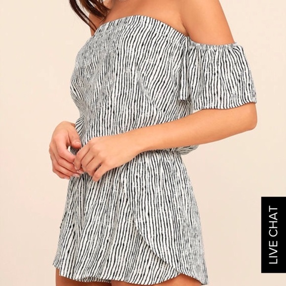 Lulus Pants - Lulu’s striped off the shoulder romper
